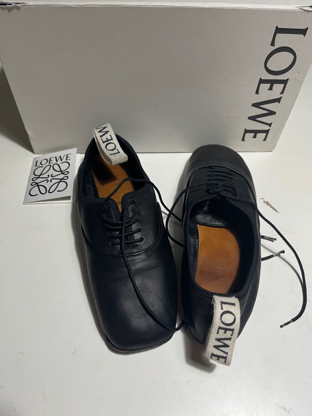 Loewe Black Leather Derby Shoes with White Branded Heel Tab